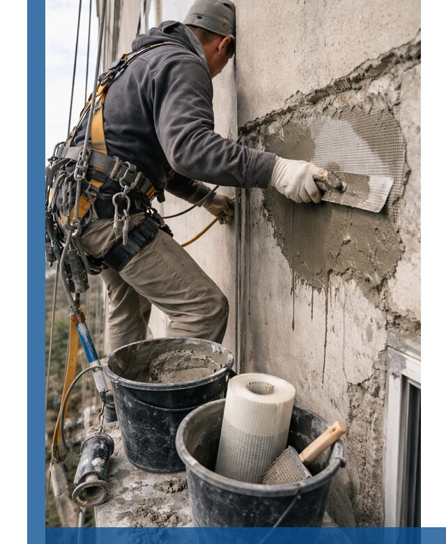 Ремонт бетонных элементов фасада промышленными альпинистами в Сальске