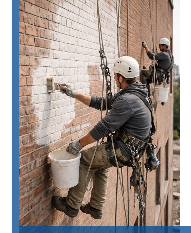 Покраска кирпичного фасада с доступным альпинистским сервисом в Сальске