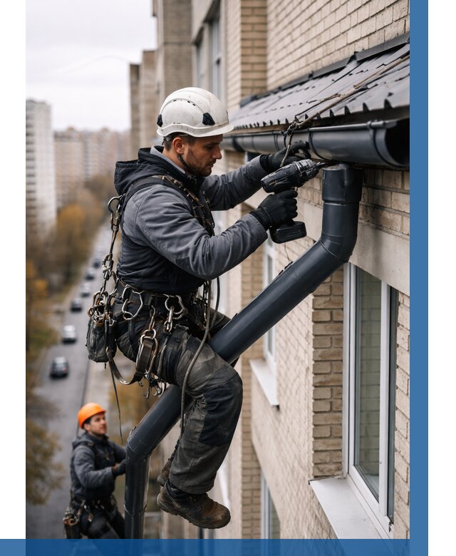 Монтаж водосточной системы на здании в Сальске от 5084 р. | ВЫСОТНИК-Слс