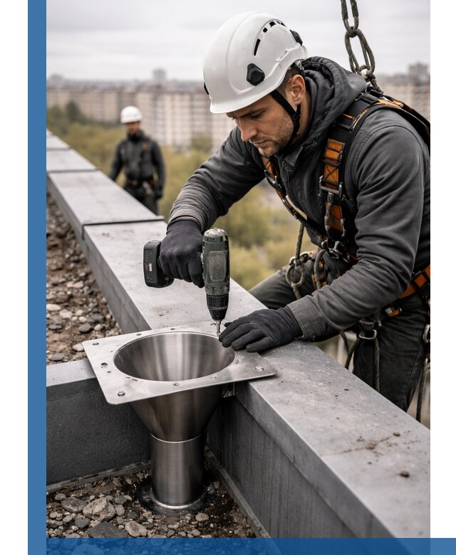 Монтаж водосточных воронок в Сальске для промышленных зданий