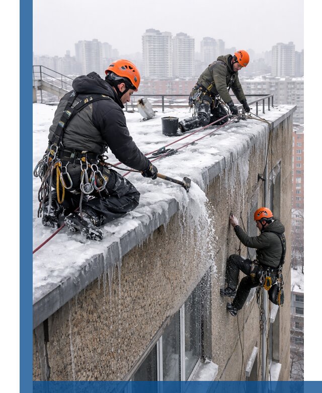 Удаление наледи с кровли в Сальске промышленными альпинистами
