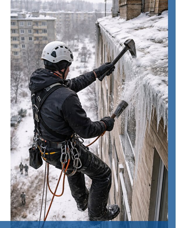 Сбивание сосулек с крыши в Сальске по цене от 4576 р. | ВЫСОТНИК-Слс