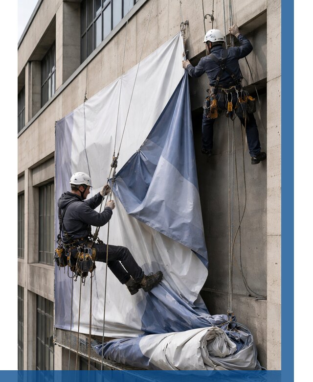Демонтаж баннеров с фасада в Сальске от 4576 р. | ВЫСОТНИК-Слс