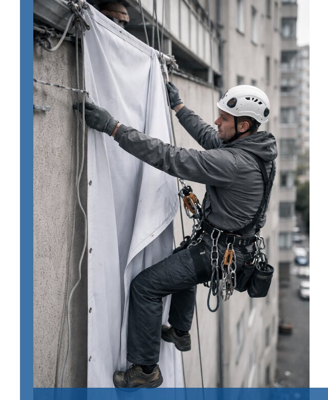 Замена баннерного полотна промышленными альпинистами в Сальске