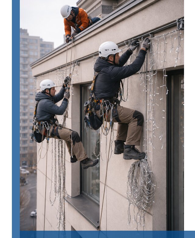 Монтаж праздничных гирлянд на фасаде в Сальске для зданий