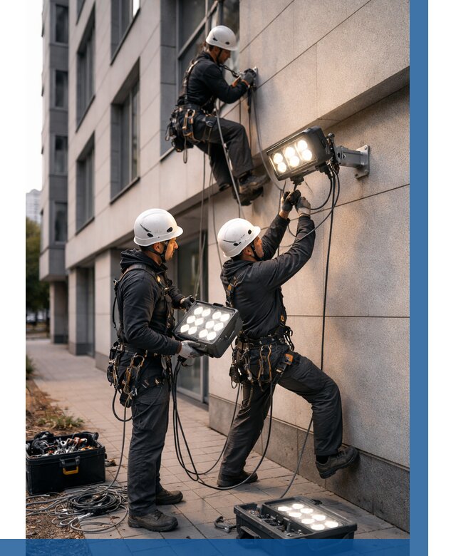 Монтаж прожекторов на фасаде в Сальске от 7626 р. | ВЫСОТНИК-Слс