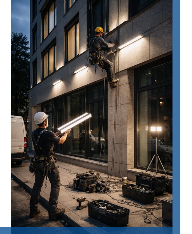 Монтаж архитектурной подсветки здания в Сальске от 2542 р.|ВЫСОТНИК-Слс