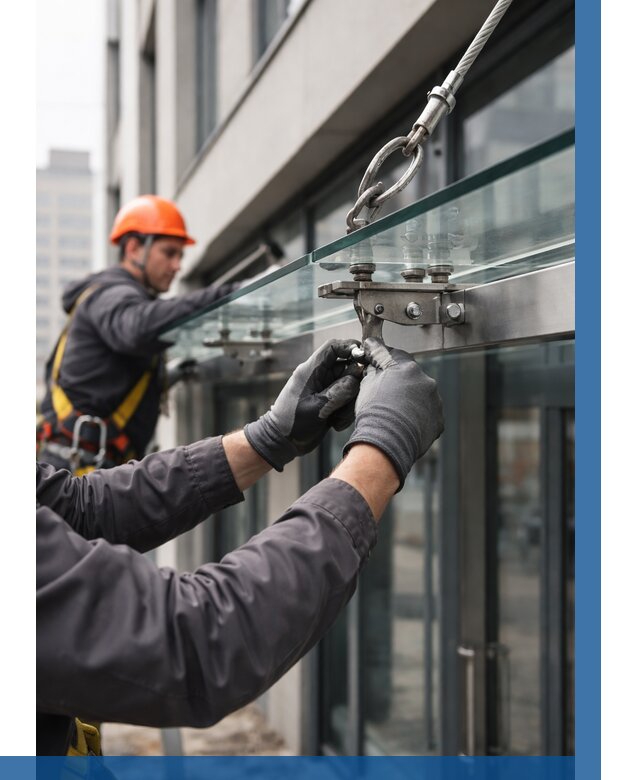 Монтаж стеклянных козырьков в Сальске от 8643 р. | ВЫСОТНИК-Слс