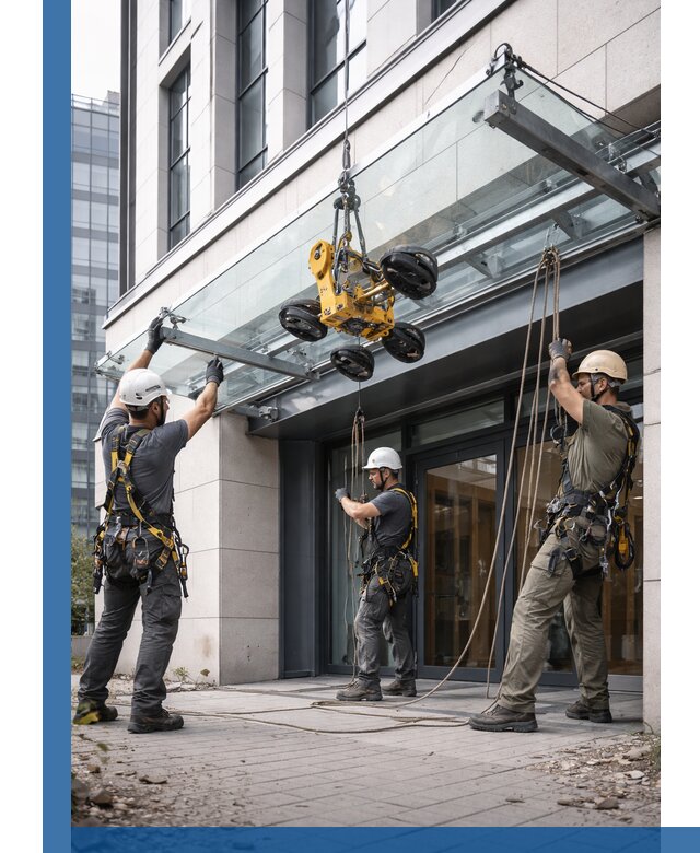 Монтаж стеклянных козырьков под ключ в Сальске для зданий