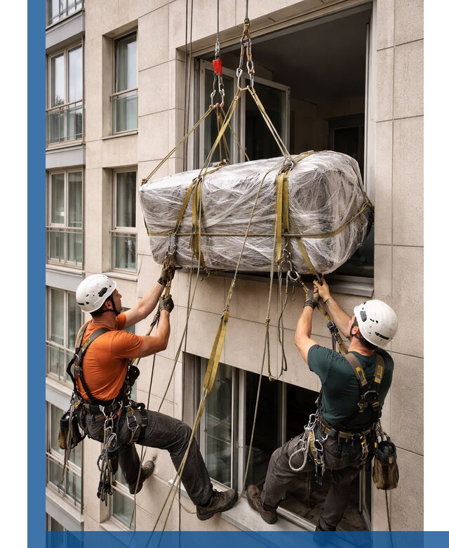 Подъем грузов через окно в Сальске промышленными альпинистами