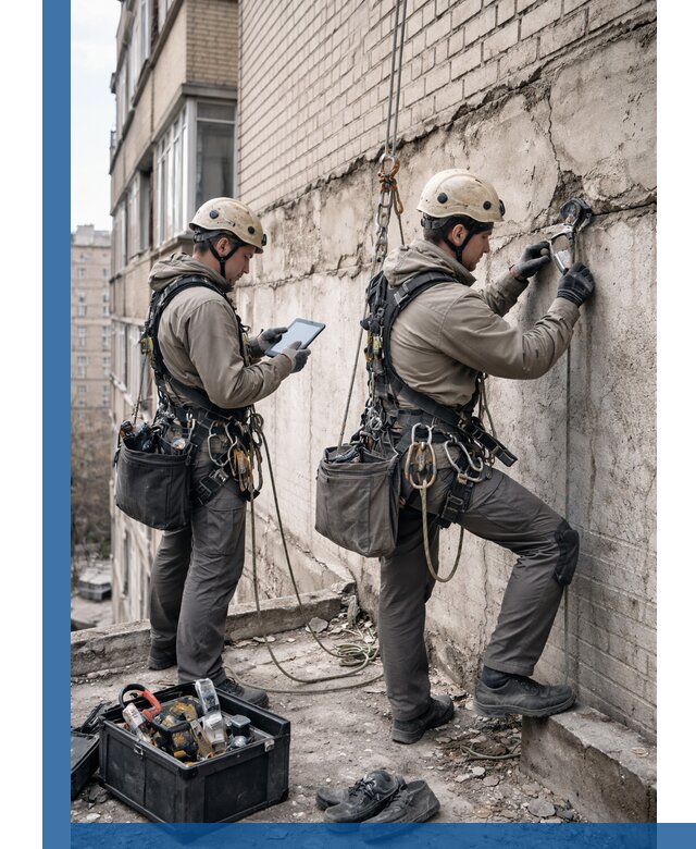 Обследование фасада промышленными альпинистами в Сальске